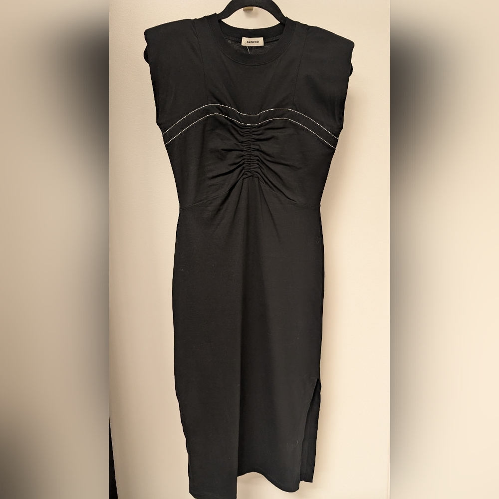 Sandro Black Midi Dress with White Accents